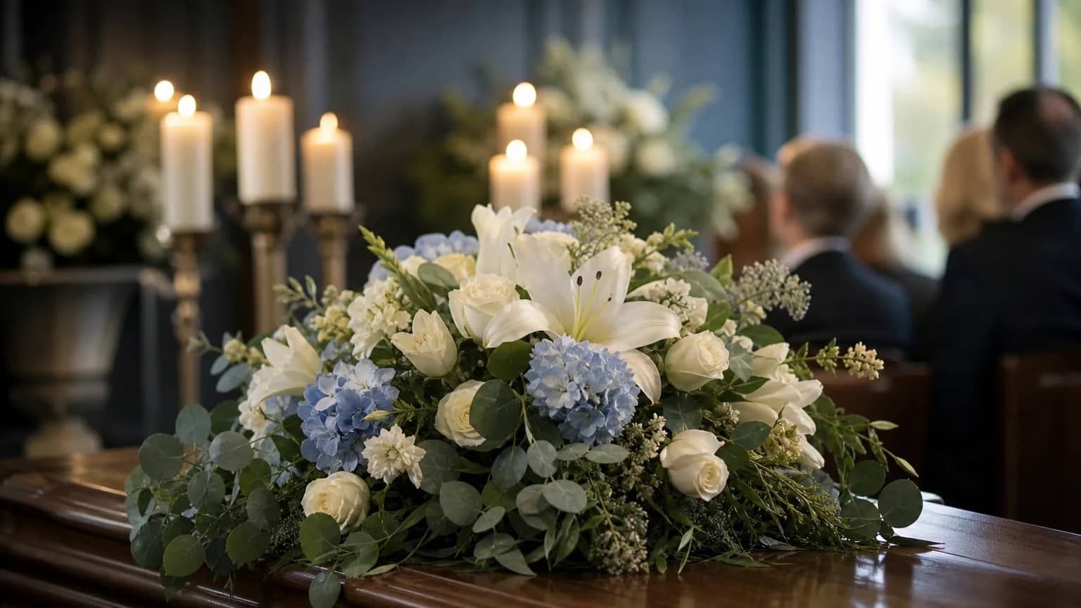 White lilies and blue hydrangeas rest on a casket for Buckley, WA cremation service