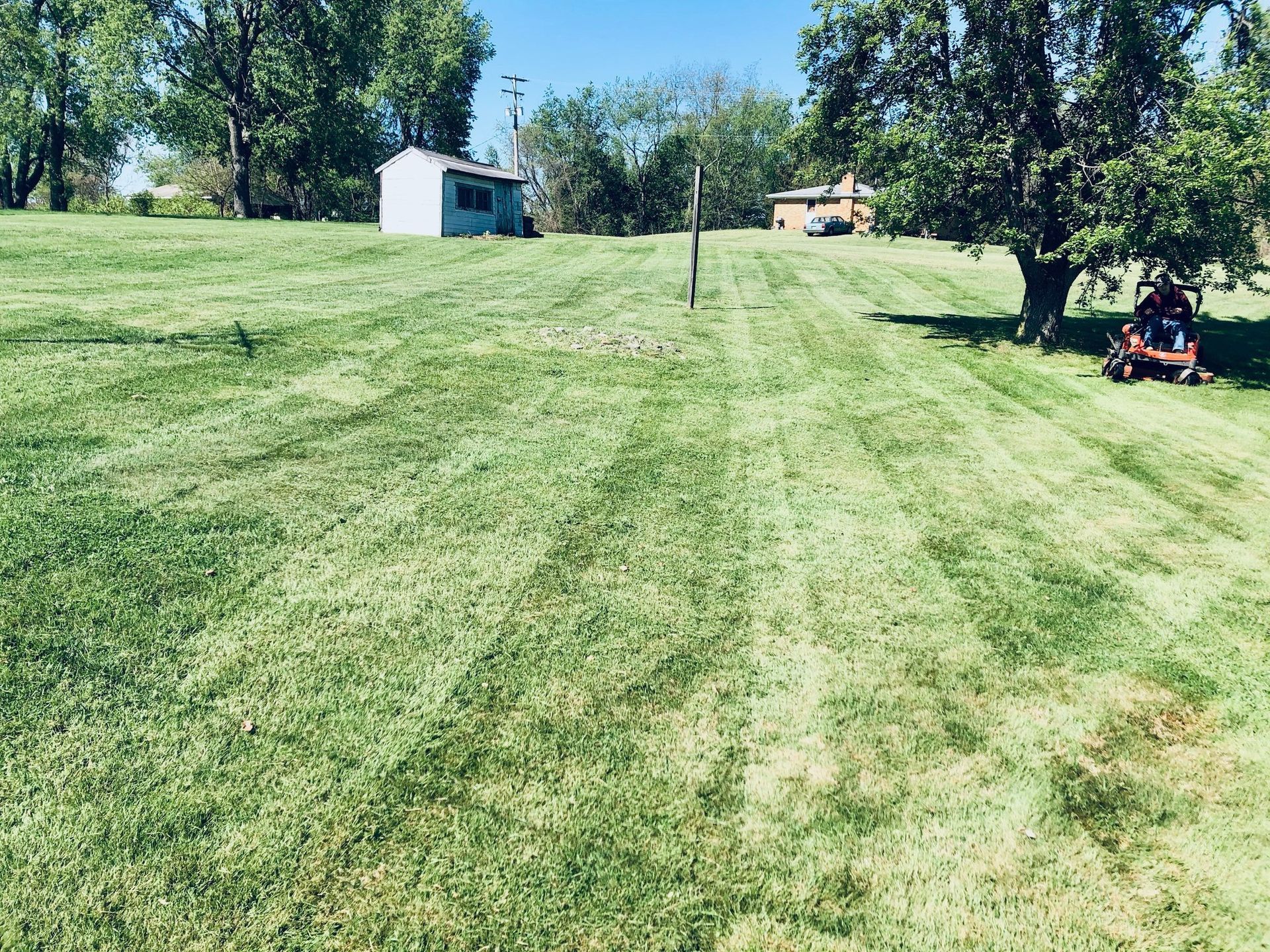 A person on a riding lawn mower works in a large, grassy yard under a bright, sunny sky near a shed and trees.