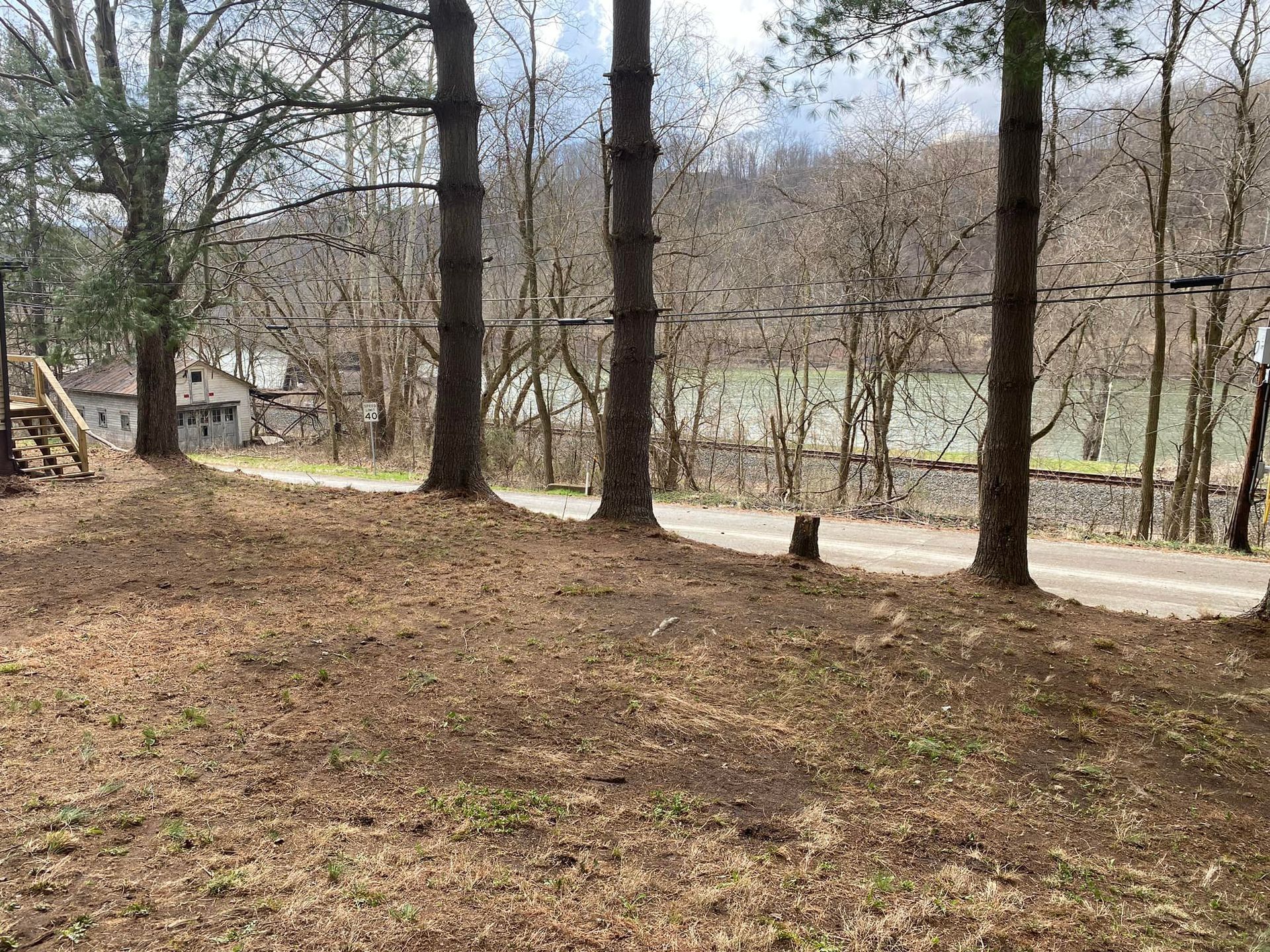 A dirt yard with tall trees in the foreground overlooks a road and a body of water in the distance.