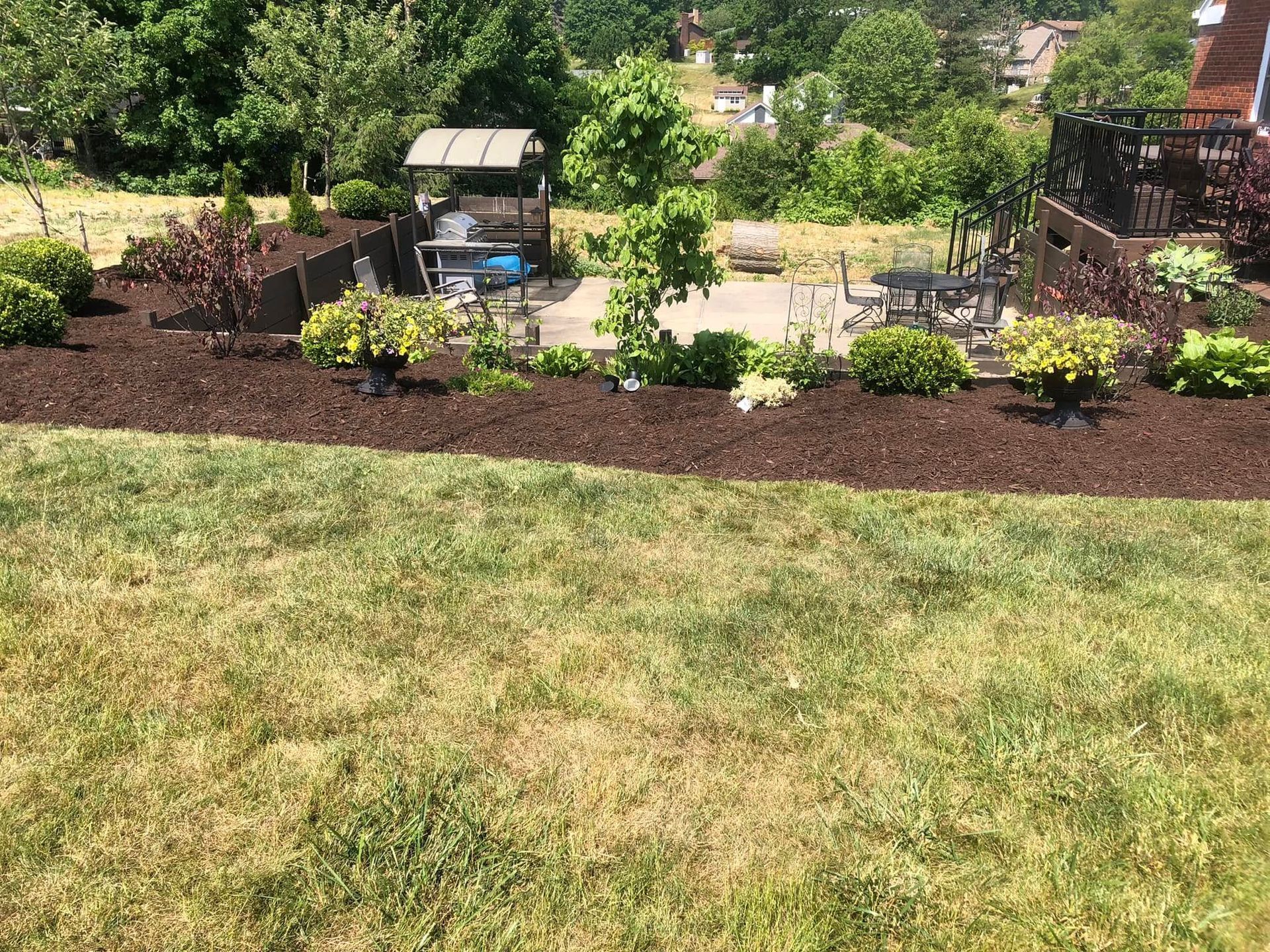 A landscaped patio area featuring mulch, shrubs, and outdoor furniture on a grassy hill in a suburban backyard.