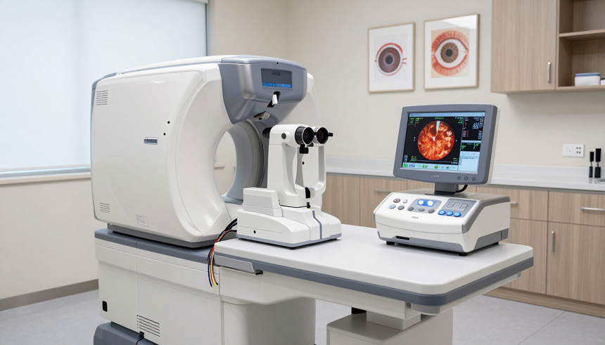 Un apparecchio per l'imaging oftalmologico con un monitor che visualizza la scansione dell'occhio in una sala d'esame.