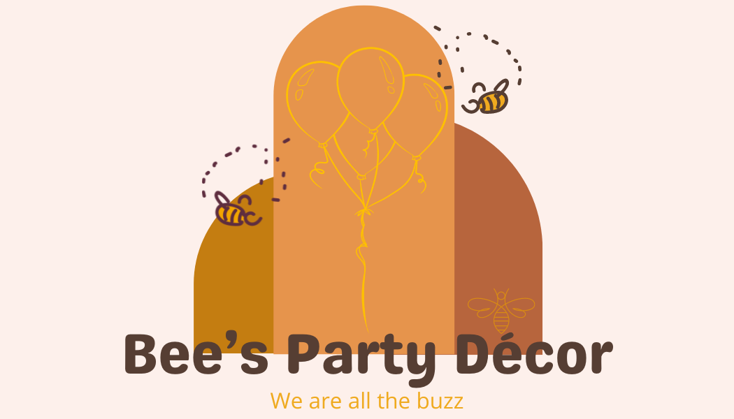 Bee-themed party decor logo with balloons and bees on an orange-brown background