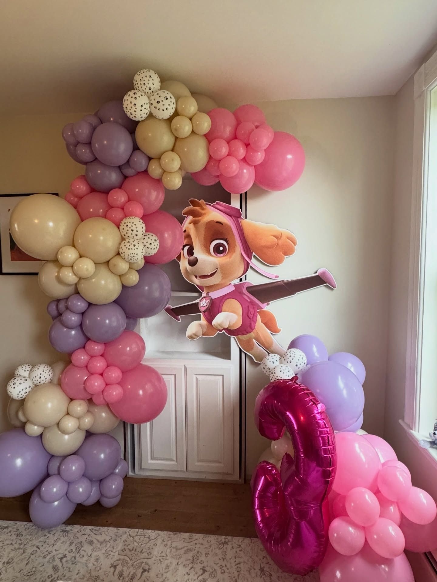 Paw Patrol themed birthday balloon arch, pink and purple, Coventry RI