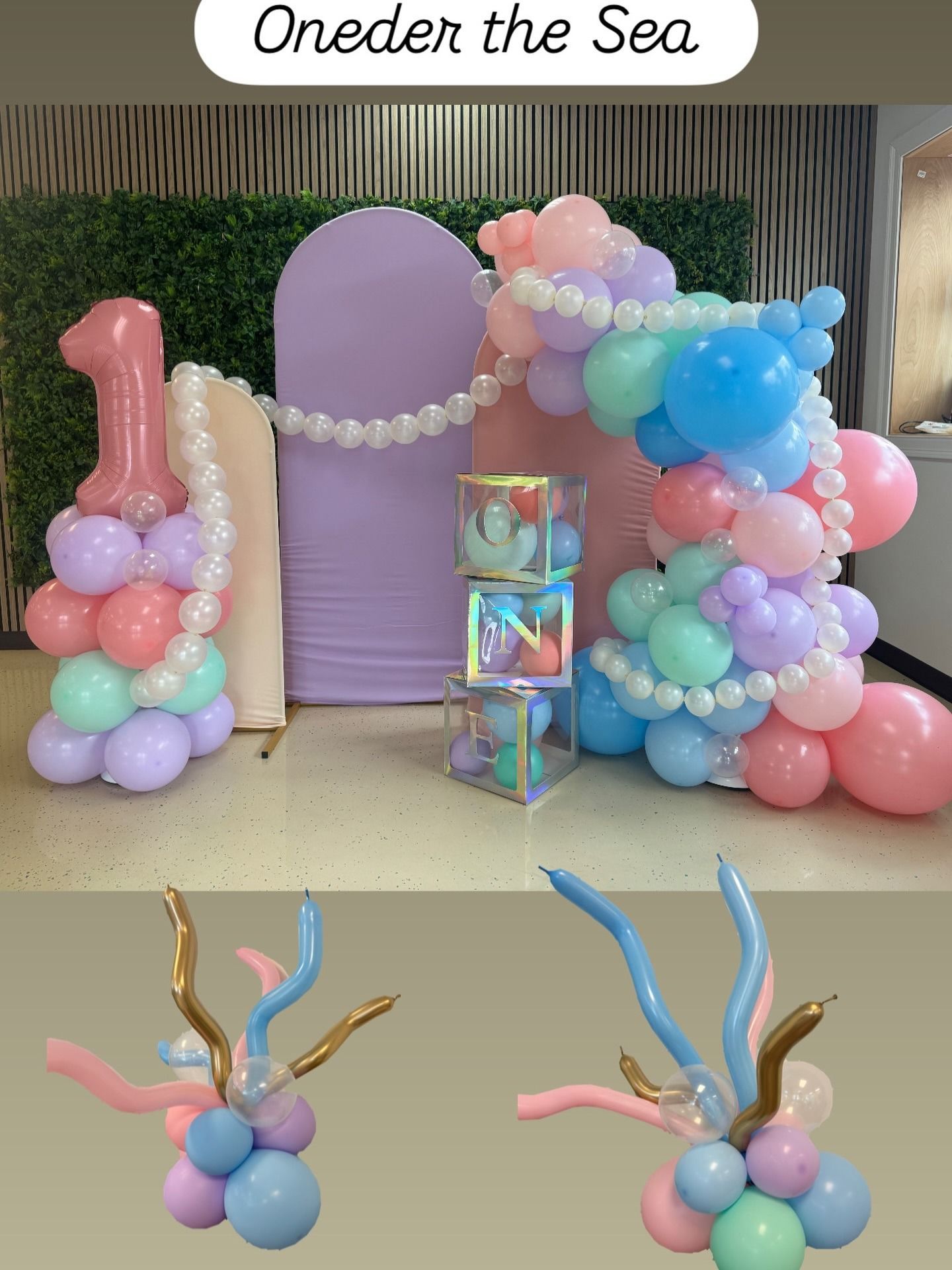Pastel balloon arch and columns framing a lavender backdrop with “Under the Sea” sign and sea-themed decor