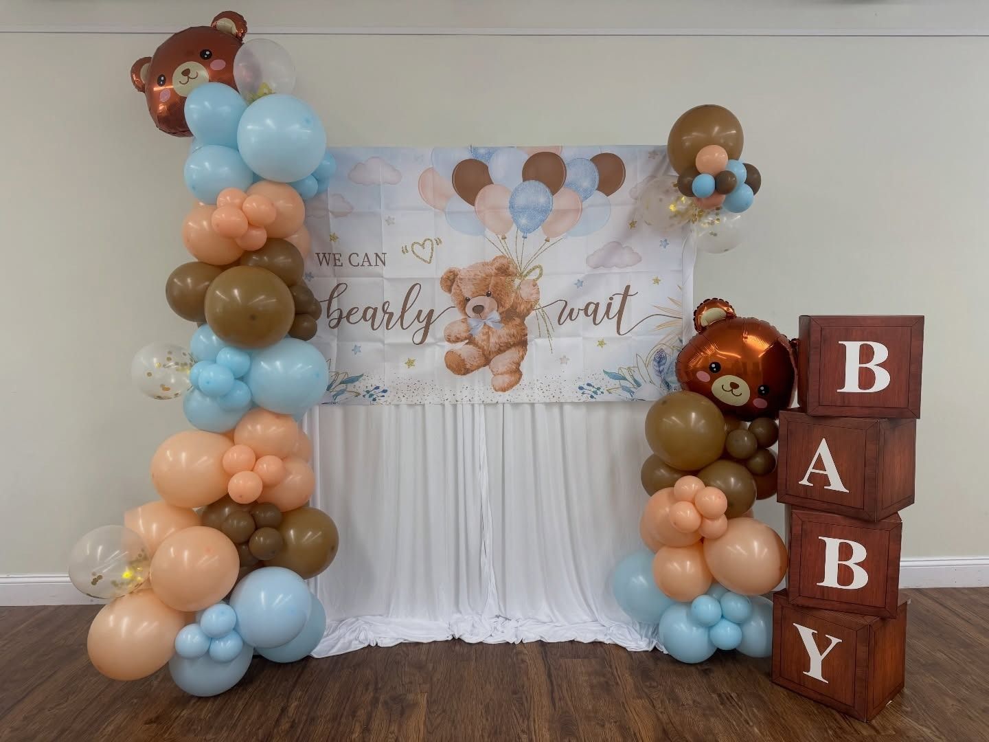 Baby shower balloon column backdrop with BABY blocks, Coventry RI