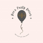 Dark balloon with bee graphic and “Bee’s Party Decor,” plus “We are all the buzz” tagline on a pale background