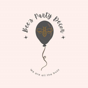Dark balloon with bee graphic and &ldquo;Bee&rsquo;s Party Decor,&rdquo; plus &ldquo;We are all the buzz&rdquo; tagline on a pale background