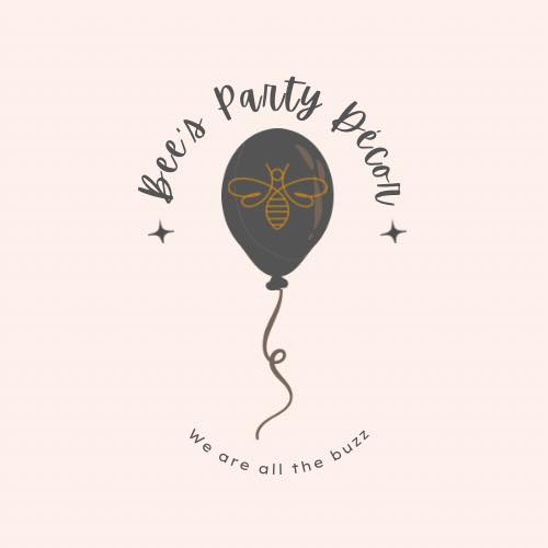Dark balloon with bee graphic and “Bee’s Party Decor,” plus “We are all the buzz” tagline on a pale background