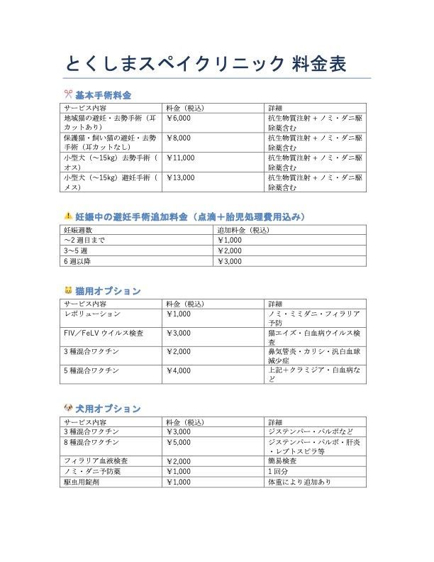Price list from Tokushima Spike Clinic in Japanese, with various medical services and prices listed.