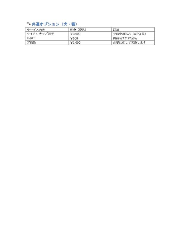 Table of options with items, prices, and remarks.