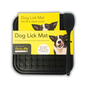 Black dog lick mat with recipe guide and spatula.