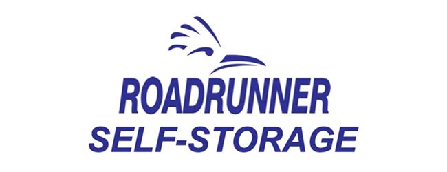 Roadrunner Self-Storage logo in blue text with a stylized road runner above it