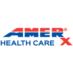 AMER Health Care X logo in red and blue on a white background