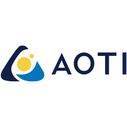 AOTI logo with navy and blue abstract icon and yellow circle on white background