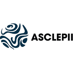Blue abstract circular logo next to black text “ASCLEPII” on a white background