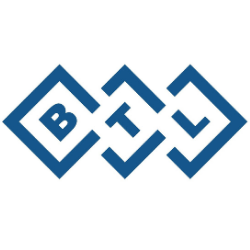 Blue geometric linked-letter logo spelling BTL