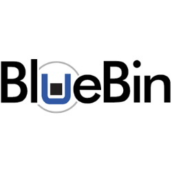 BlueBin logo in black and blue text with a circled blue bin icon replacing the “U”