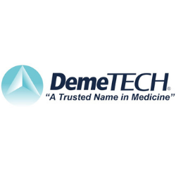 DemeTECH logo with teal circular icon and slogan “A Trusted Name in Medicine”