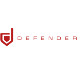 Red Defender logo in red with shield icon on a white background