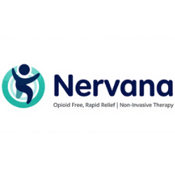 Nervana logo with teal and navy abstract figure and tagline “Opioid Free, Rapid Relief | Non-Invasive Therapy”