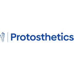 Protosthetics logo in blue with a hand icon on a white background