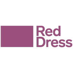 Purple rectangle logo with the words “Red Dress” in purple text