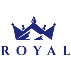 Blue crown logo above the word “ROYAL” in blue serif letters