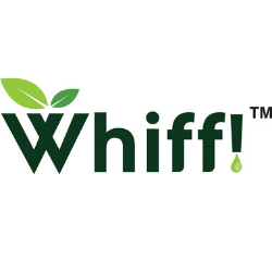 Whiff logo in dark green with two light green leaves and a small water droplet above the “i”