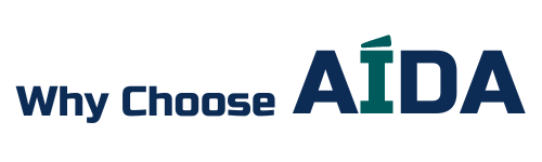 A blue and green logo that says why choose aida