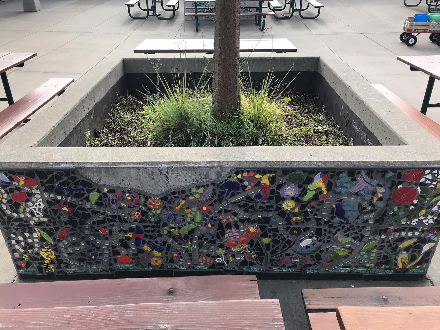 A square concrete planter with a mosaic of colorful tiles around the base, featuring a central tree and picnic tables.