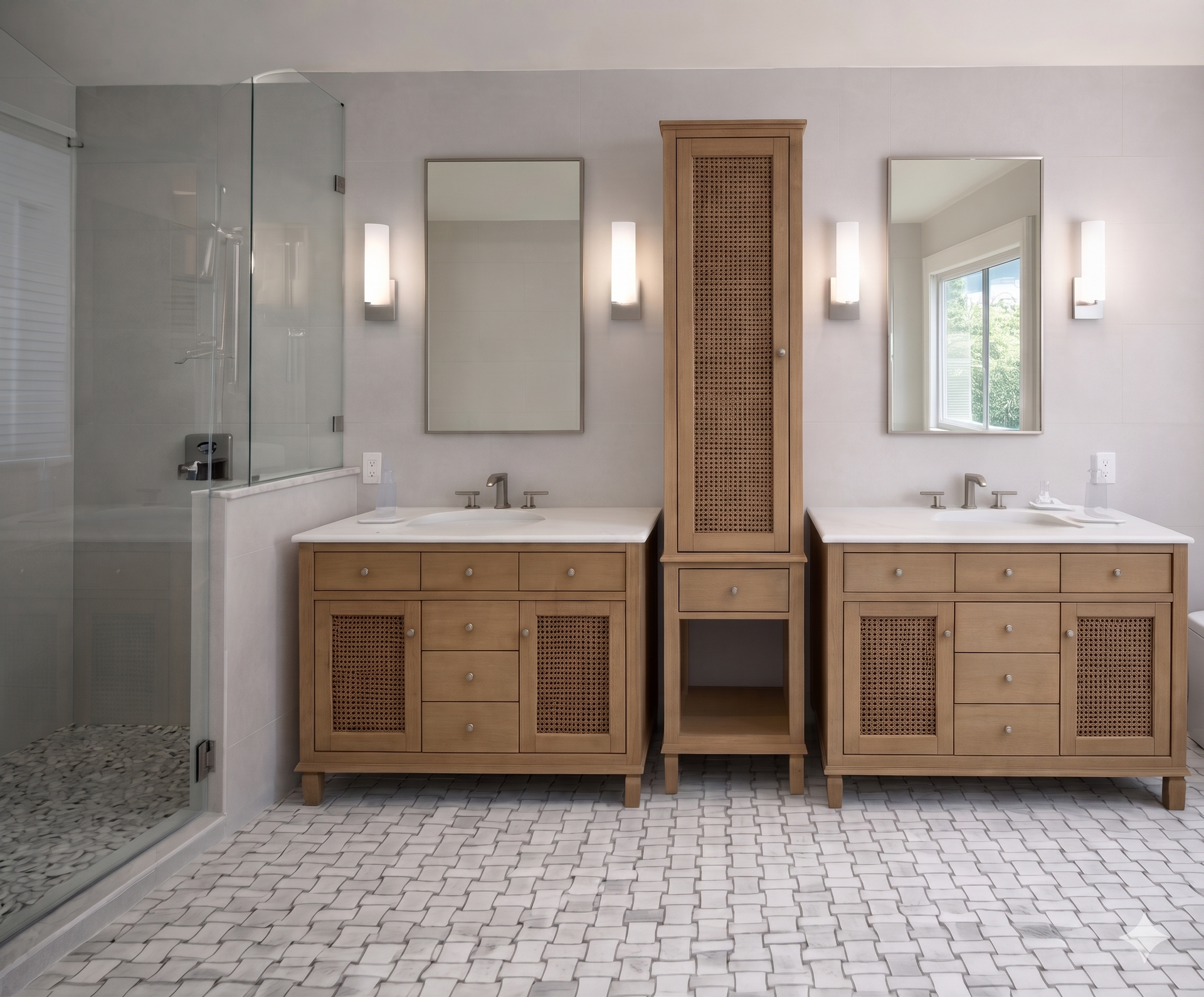 Modern bathroom with double vanity, tall cabinet, glass shower, and white hex tile floor.