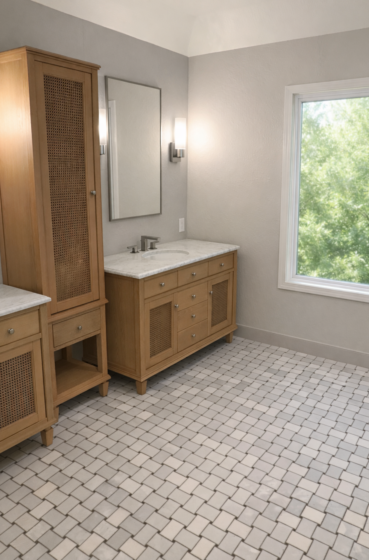 Spacious bathroom with wood vanities, large tiled floor, and a window overlooking greenery.