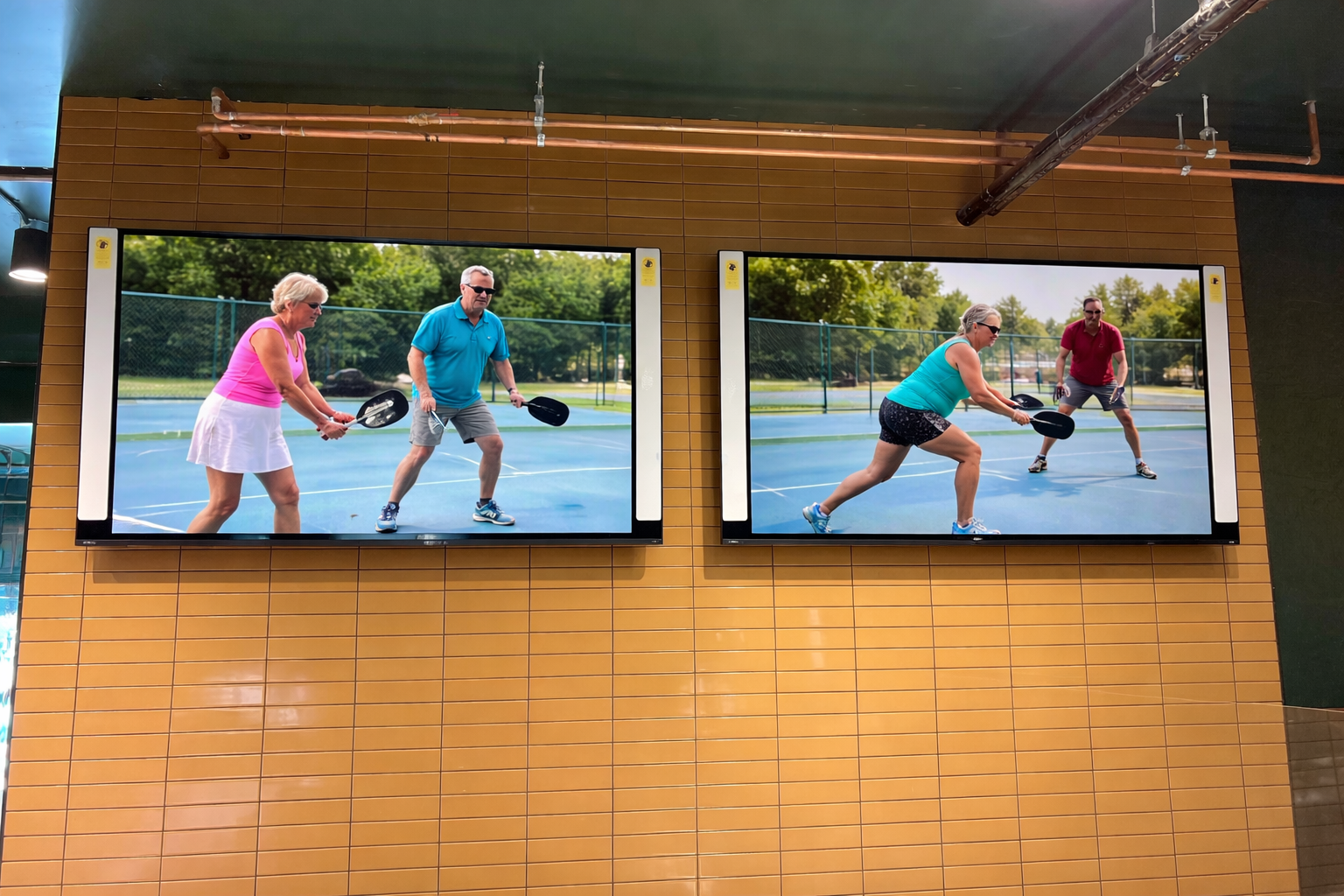 Two TV screens on a wooden wall show people playing pickleball indoors.