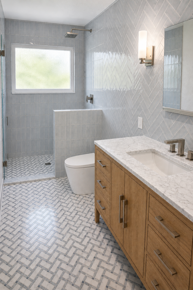 Modern bathroom with glass shower, white tile, and wooden vanity