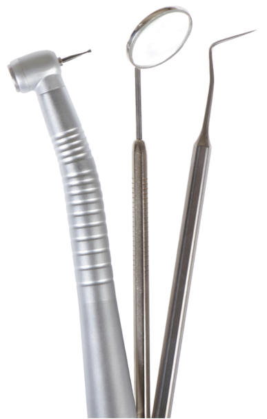 A dental drill a dental mirror and a dental probe on a white background