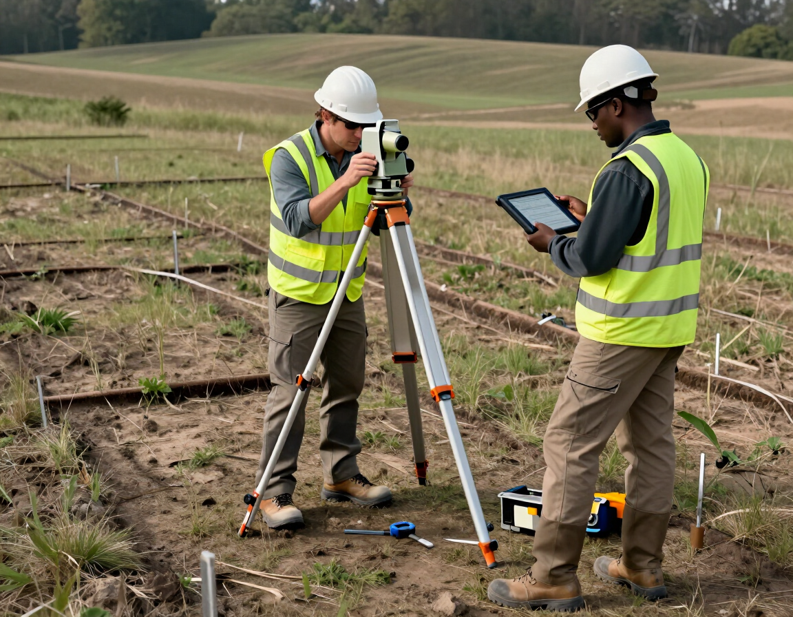 Topógrafos con chalecos reflectantes usando equipos GPS en un campo de cultivo