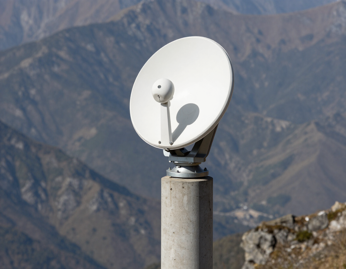 Antena parabólica blanca sobre un poste de hormigón, con montañas al fondo