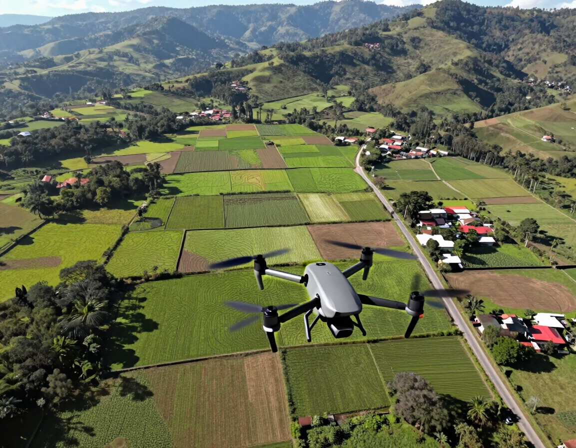 Un dron sobrevuela campos verdes y colinas salpicadas de casas bajo un cielo despejado