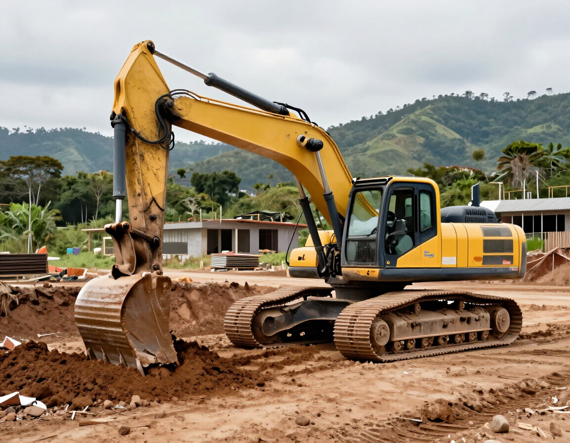 Excavadora amarilla trabajando en una obra de tierra, con colinas al fondo
