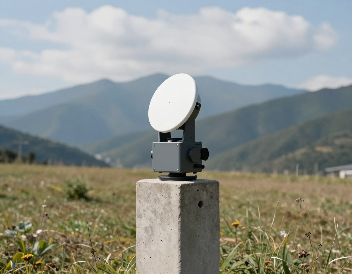 Antena parabólica blanca montada sobre un poste de hormigón en un campo cubierto de hierba, con montañas al fondo