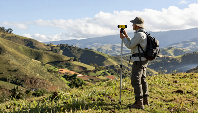 Una persona con una cámara sobre un trípode contempla un valle montañoso verde bajo un cielo nublado