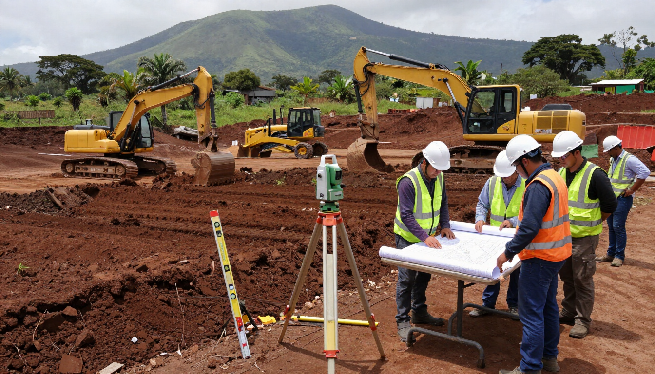 Un equipo de construcción revisa los planos en una obra de excavación, con excavadoras y montañas al fondo