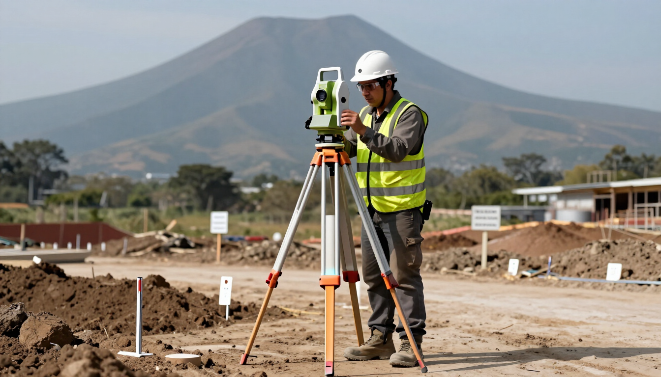 Un topógrafo utiliza un instrumento montado sobre un trípode en una obra, con montañas al fondo