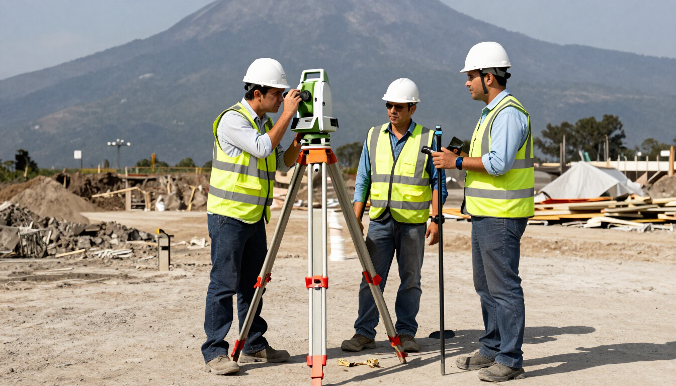 Topógrafos con cascos y chalecos de seguridad midiendo una obra, con una montaña al fondo