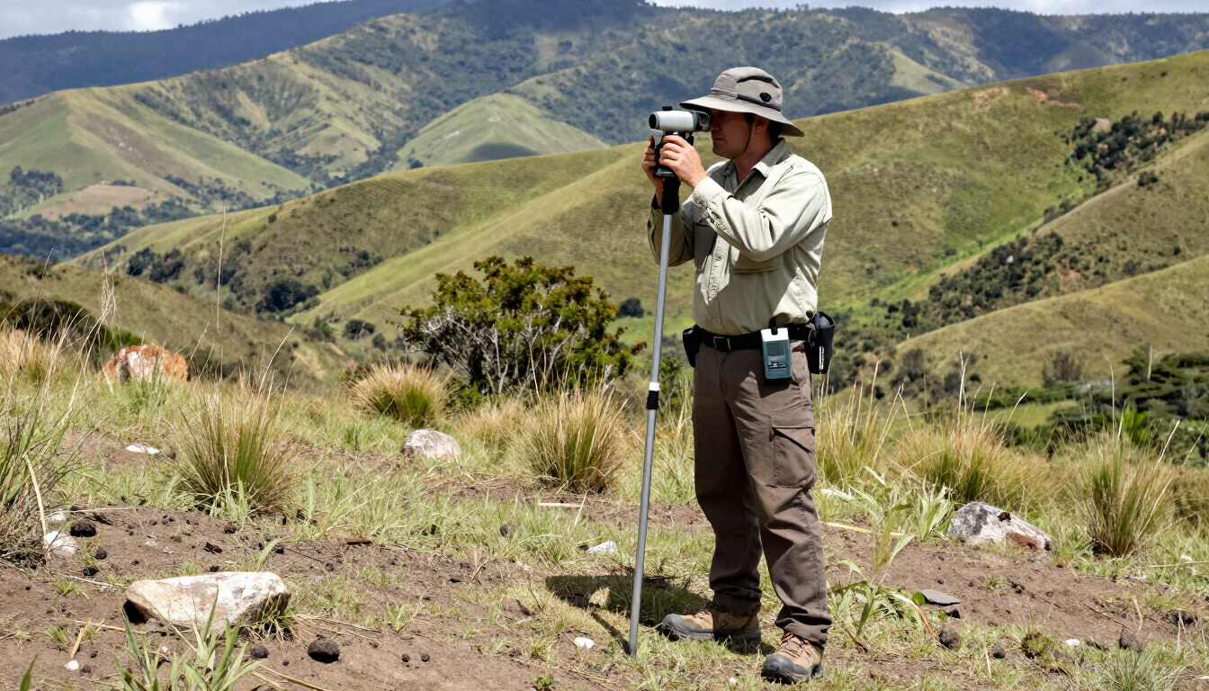 Persona utilizando un instrumento topográfico en una ladera, con montañas al fondo