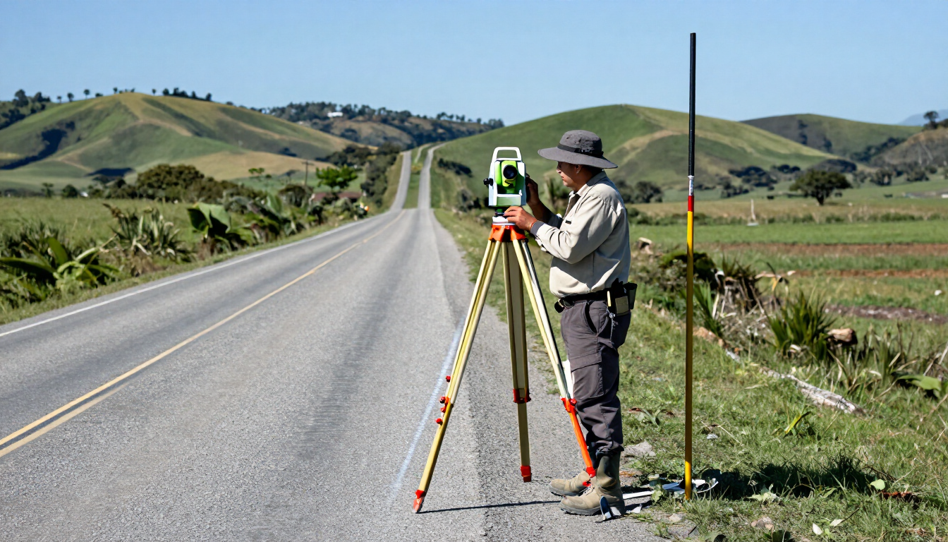 Un topógrafo usando un teodolito sobre trípode junto a una carretera rural, con colinas verdes al fondo