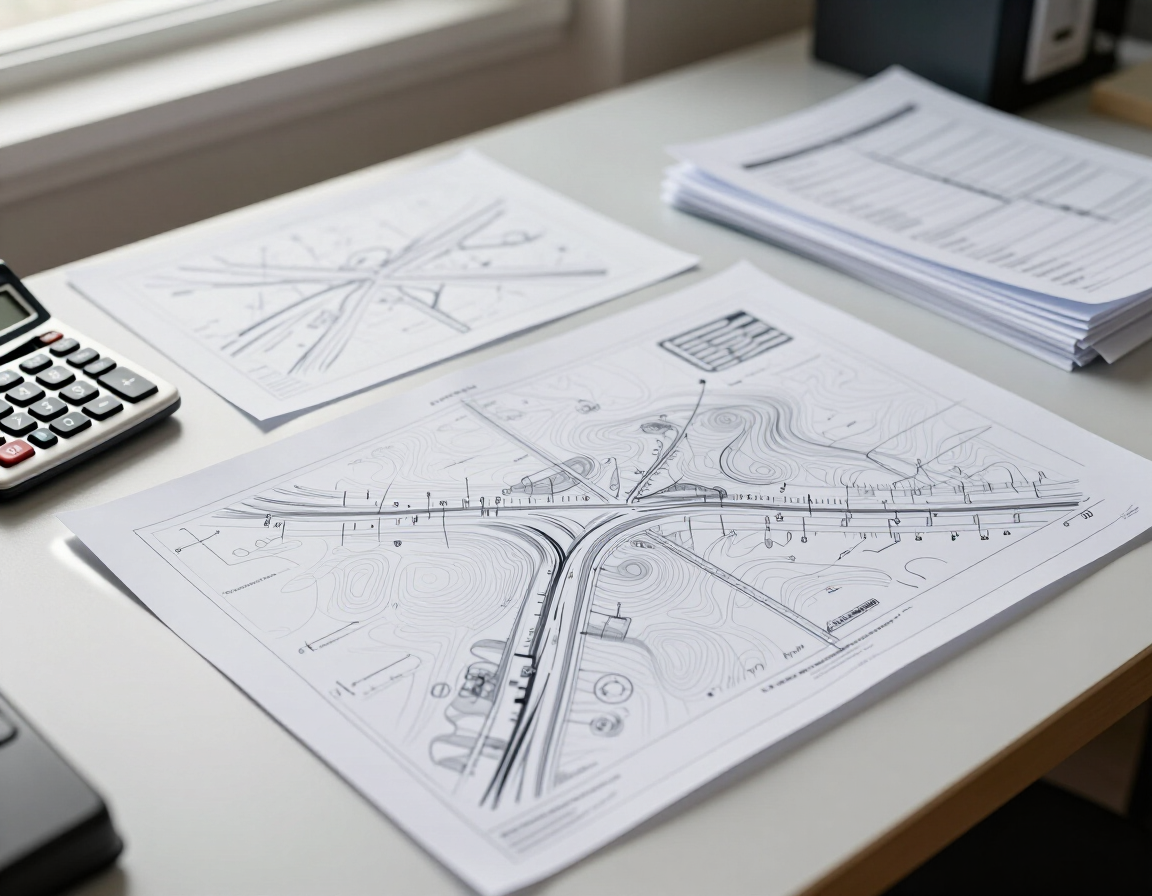 Escritorio con planos arquitectónicos, una calculadora y documentos apilados en una oficina