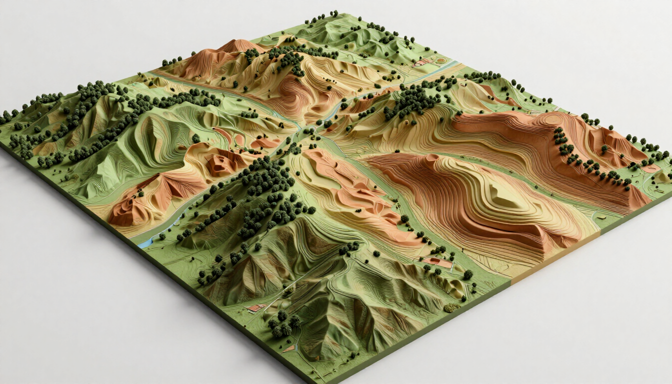 Modelo topográfico 3D del terreno con colinas verdes, valles ocres y crestas de nivel