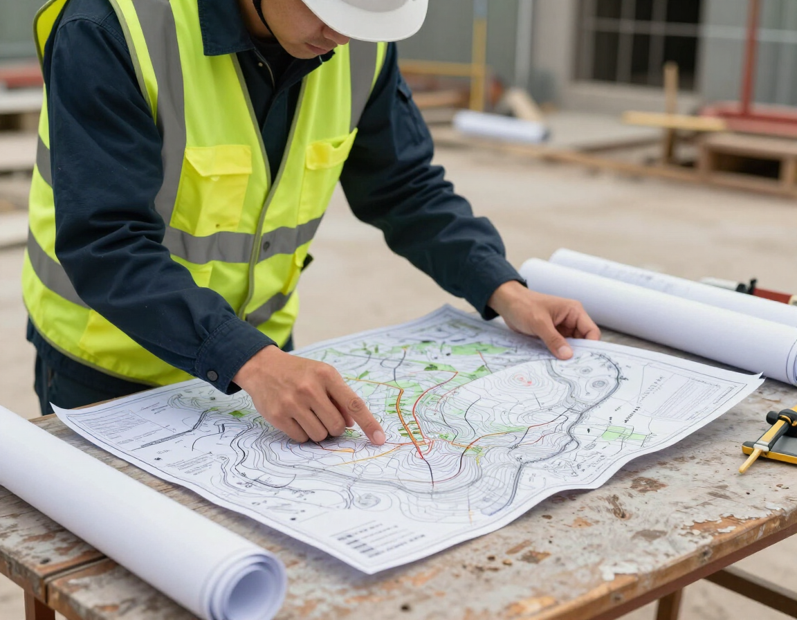 Un trabajador con casco y chaleco de seguridad revisa unos planos de construcción de gran formato sobre una mesa en una obra.