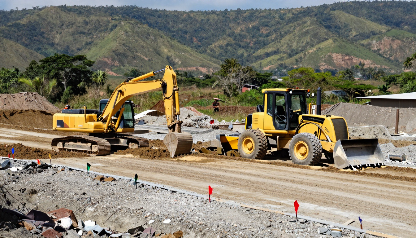 Excavadora amarilla y camión volquete trabajando en una obra de construcción de carreteras, con colinas al fondo